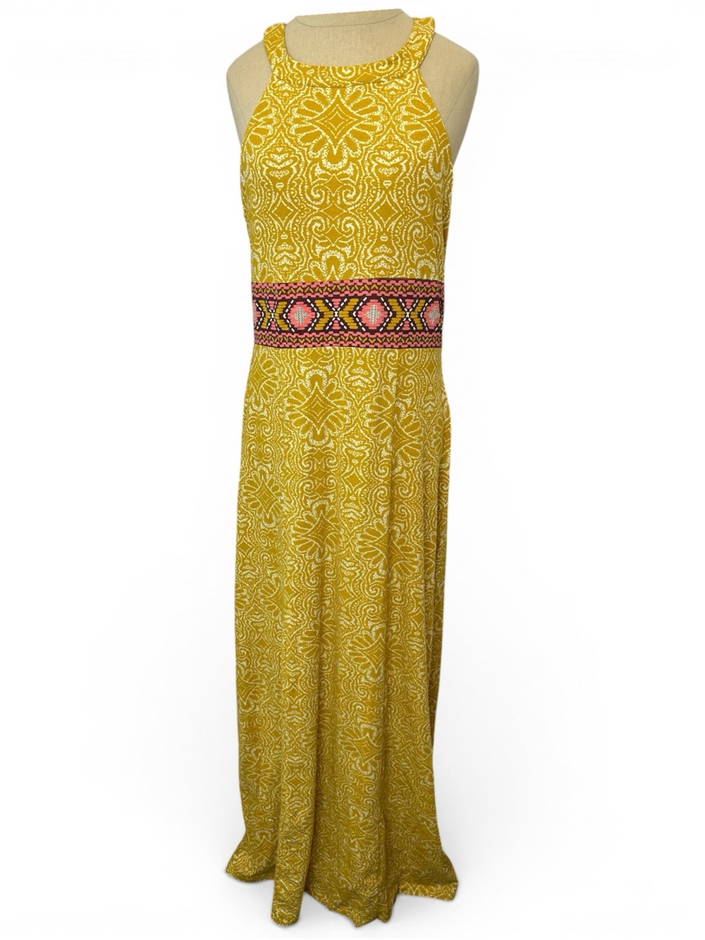Prana Large Long Yellow Patterned Maxi Dress Halter Detailed Waistband Shelf Bra